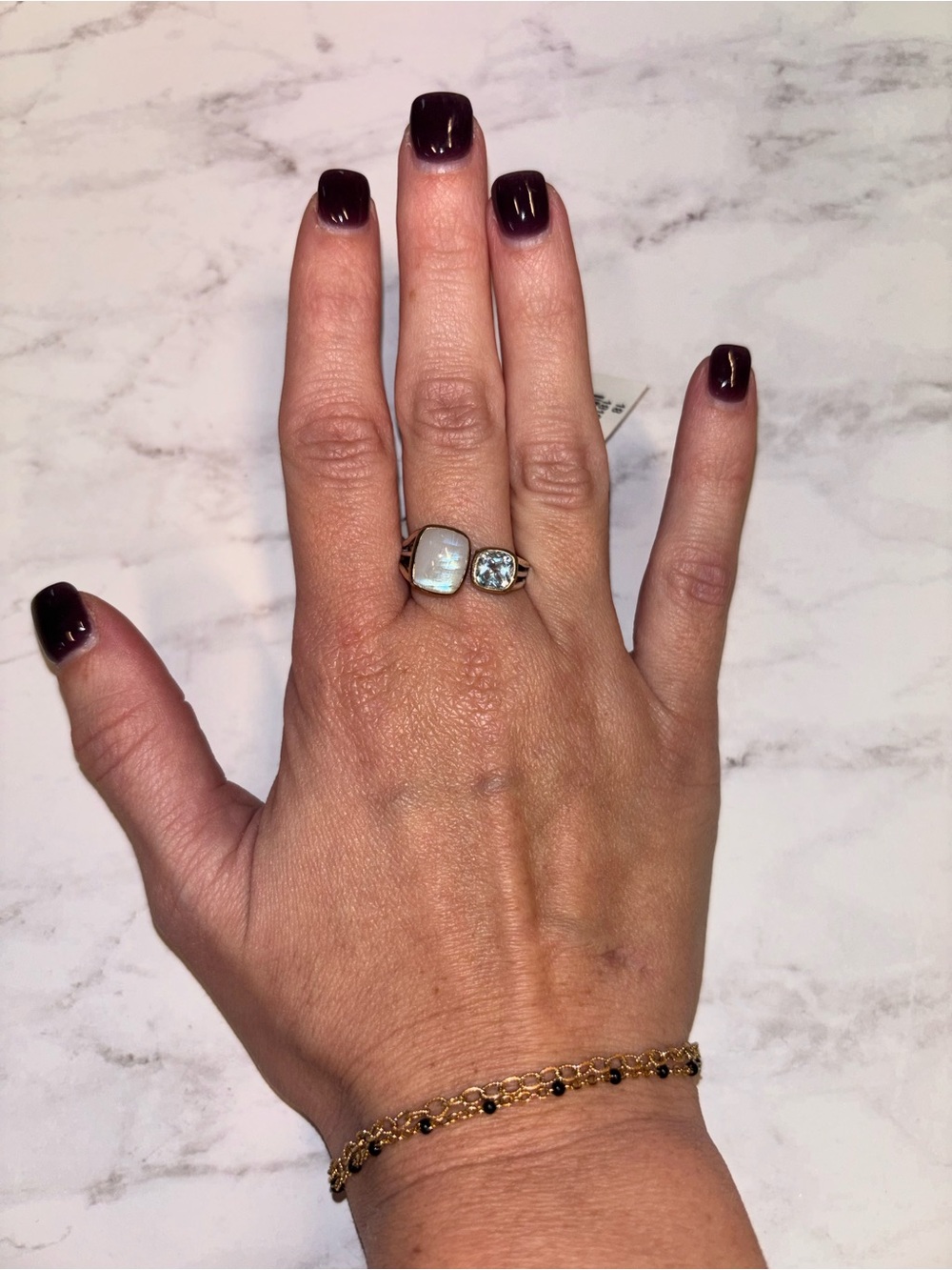 Silver Double Stone Ring with White Opal and Light Blue Crystal